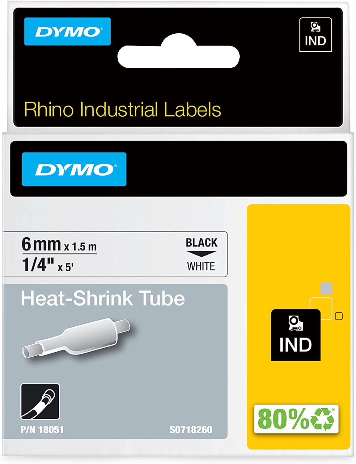 DYMO Industrial Heat Shrink Tubes for DYMO LabelWriter and Industrial Label Makers, Black on White, 1/4", (18051) Black on White 1/4" (6MM)