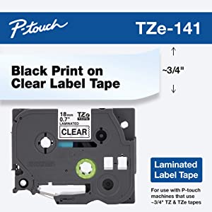 Brother Genuine P-Touch TZE-141 Tape, 3/4" (0.7") Standard Laminated P-Touch Tape, Black on Clear, Laminated for Indoor or Outdoor Use, Water-Resistant, 26.2 ft (8 m), Single-Pack 1 pack Clear