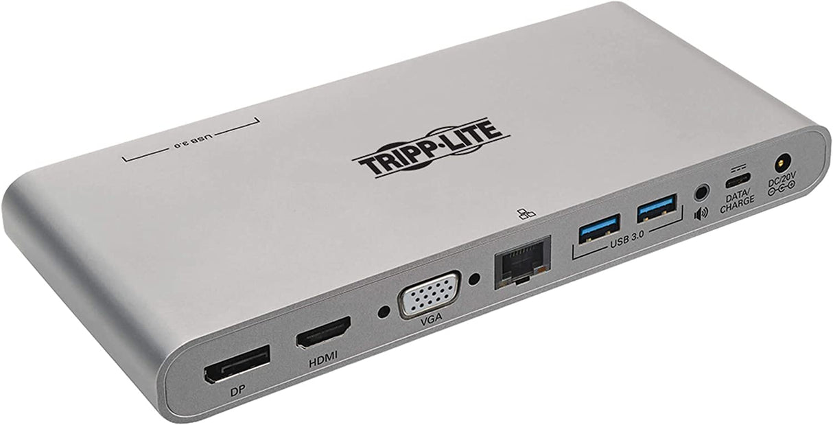 Tripp Lite USB C Docking Station w/ USB-A Hub, USB Type C, HDMI, VGA, DP, Gbe Gigabit Ethernet PD Charging 4K@ 30Hz, Portable, Thunderbolt 3 Silver (U442-DOCK4-S)