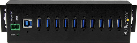 StarTech.com 10-Port USB 3.0 Hub with Power Adapter - Metal Industrial USB-A Hub with ESD &amp; 350W Surge Protection - Din/Wall/Desk Mountable - High Speed USB 3.1 Gen 1 5Gbps Hub (HB30A10AME) 10 port power adapter included Hub