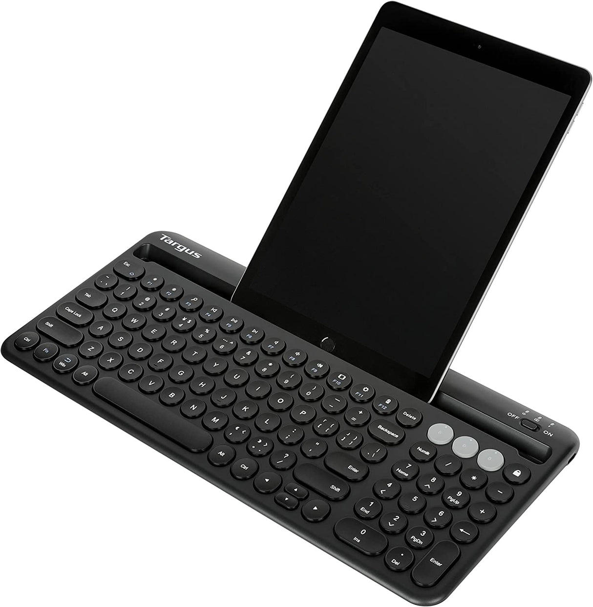 Targus Multi-Device Bluetooth Antimicrobial Keyboard with Tablet/Phone Cradle - Wireless Connectivity - Bluetooth - English (US) - MAC, Tablet, Smartphone - PC, Windows - AAA Battery Size Supported
