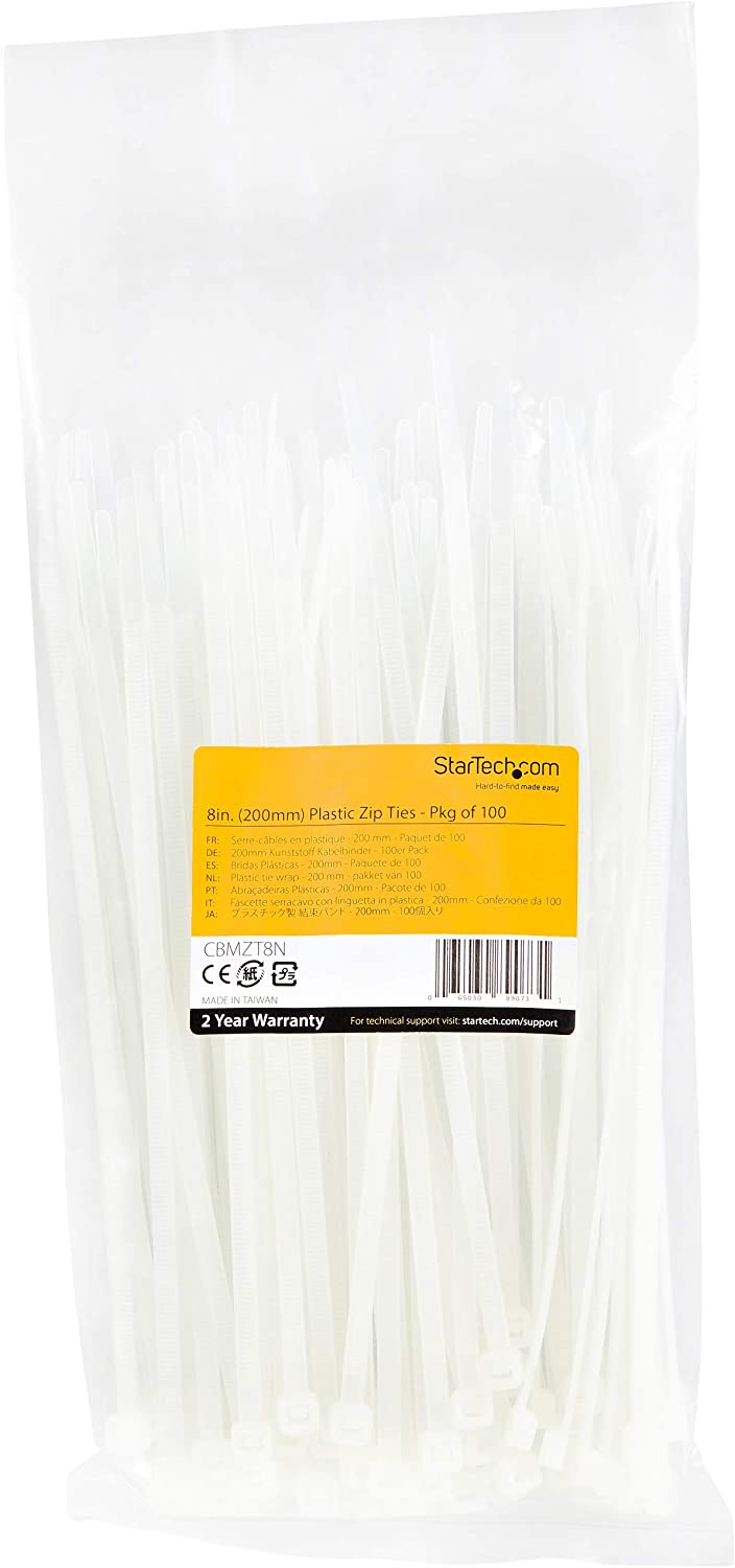 StarTech.com 8"(20cm) Cable Ties - 1/8"(4mm) Wide, 2-1/8"(55mm) Bundle Diameter, 50lb(22kg) Tensile Strength, Nylon Self Locking Zip Ties with Curved Tip - 94V-2/UL Listed, 100 Pack - White 8 in | 50 lbs (22kg) Standard w/Self Locking 100
