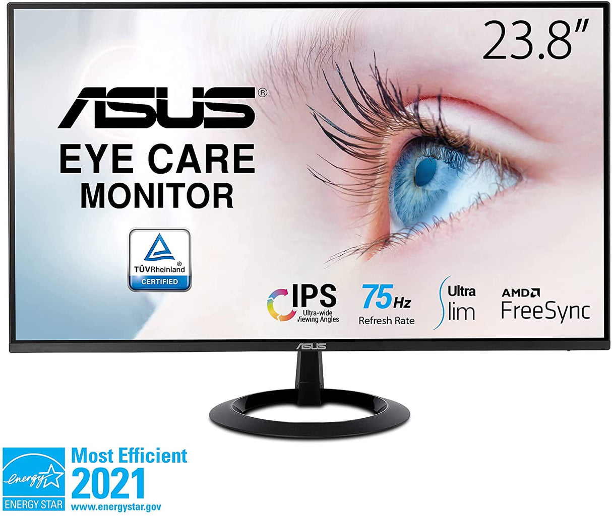 ASUS 23.8” 1080P Monitor (VZ24EHE) - Full HD, IPS, 75Hz, 1ms, Adaptive-Sync/FreeSync, Low Blue Light, Flicker Free, Ultra-Slim, VESA Mountable, Frameless, HDMI, VGA 23.8" IPS FHD 1ms 75hz Frameless