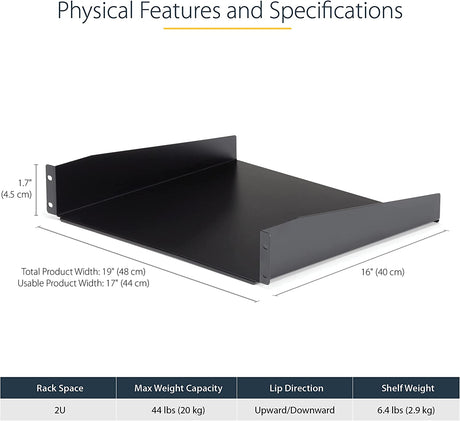 StarTech.com 2U Server Rack Shelf - Universal Rack Mount Cantilever Shelf for 19" Network Equipment Rack &amp; Cabinet - Heavy Duty Steel – Weight Capacity 44lb/20kg - 16" Deep Tray, Black (CABSHELF) 16" Depth 2U