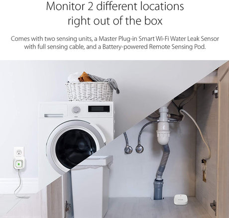 D-Link Wi-Fi Water Leak Sensor Starter Kit, 2-units, 100 dB Alarm Siren and App Alert, LED Strobe Warning Light, No Hub Required, Works with Google Home, mydlink app, Expandable (DCH-S1621KT) Water Sensor Whole Home Water Sensor Kit