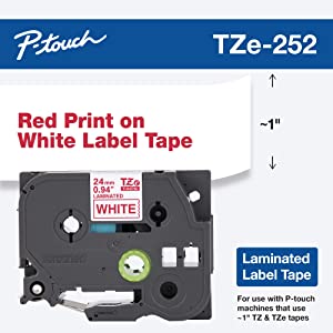 Brother Genuine P-Touch TZE-252 Tape, 1" (24 mm) Standard Laminated P-Touch Tape, Red on White, Laminated for Indoor or Outdoor Use, Water-Resistant, 26.2 ft (8 m), Single-Pack