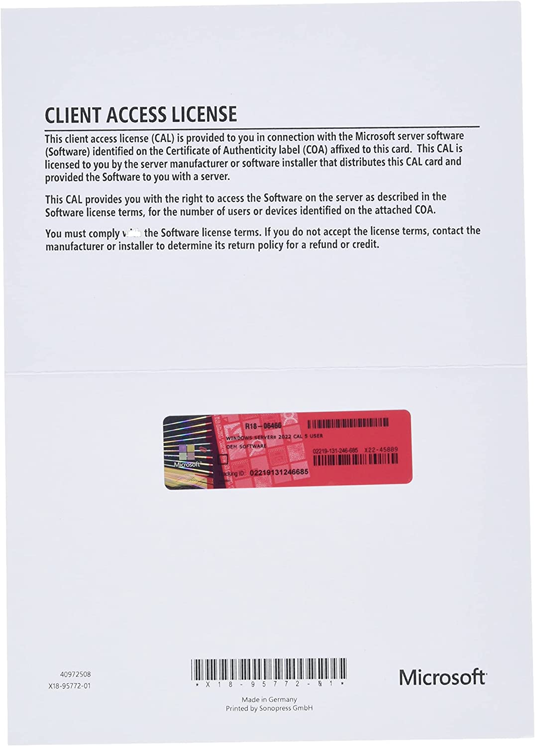 Microsoft Windows Server 2022 User CAL Client Access Licenses OEM