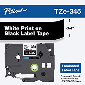 Brother Genuine P-Touch TZE-345 Tape, 3/4" (18 mm) Standard Laminated P-Touch Tape, White on Black, Laminated for Indoor or Outdoor Use, Water-Resistant, 26.2 ft (8 m), Single-Pack White on Black 1 pack Tape