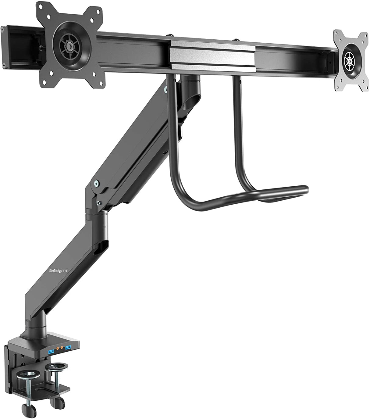 StarTech.com Desk Mount Dual Monitor Arm with USB &amp; Audio - Slim Full Motion Adjustable Dual Monitor VESA Mount for up to 32" Displays - Ergonomic Articulating - C-Clamp/Grommet (ARMSLIMDUAL2USB3)