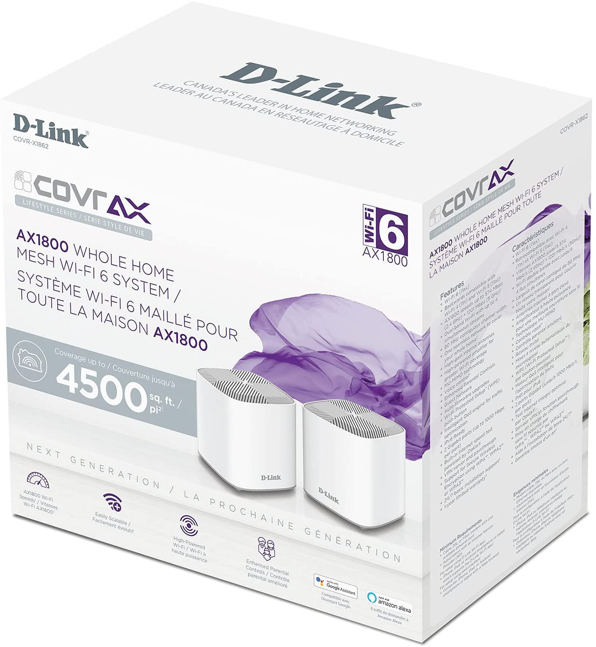 D-Link COVR AX1800 Whole Home Mesh Wi-Fi 6 System - Up to 4500 sq.ft. Coverage, Voice Control w/Amazon Alexa and Google Assistant, Enhanced Parental Controls, 2-Pack (COVR-X1862) WiFi 6 AX1800 Mesh Kit 2pk