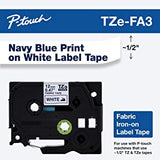 Brother Genuine P-touch TZE-FA3 Tape, 1/2" (0.47") Wide Fabric Iron-On Tape, Navy Blue on White, Can be Ironed onto Virtually Any Cotton Item, 0.47" x 9.8' (12mm x 3M), Single-Pack, TZEFA3 Navy Blue on White Fabric Tape