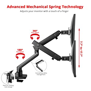 SIIG Aluminum Mechanical Dual Monitor Arm Mount - Height Adjustable Desk Mount for 17in to 32in Screens - 17.6lbs Each Arm - VESA 75x75mm 100x100mm, Black