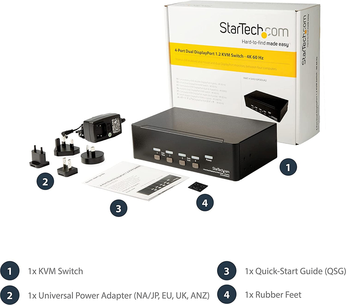 StarTech.com DisplayPort KVM - 4 Port - 4K 60Hz - Dual Monitor KVM - DisplayPort Switch - KVM DisplayPort - Desktop KVM Switch (SV431DPDDUA2)