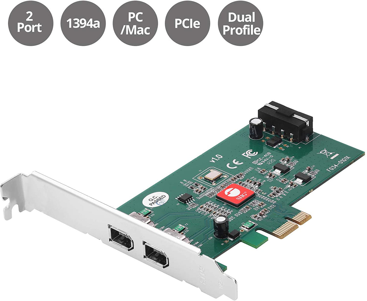 SIIG Dual Profile 2-Port FireWire 400 PCIe Card, PCIe 1.1 x1 to Dual 6-pin 1394a Port, 400Mbps, TI XIO2213BZAY Chipset, for Windows &amp; Mac, Dual-Profile Brackets (NN-E20211-S1)