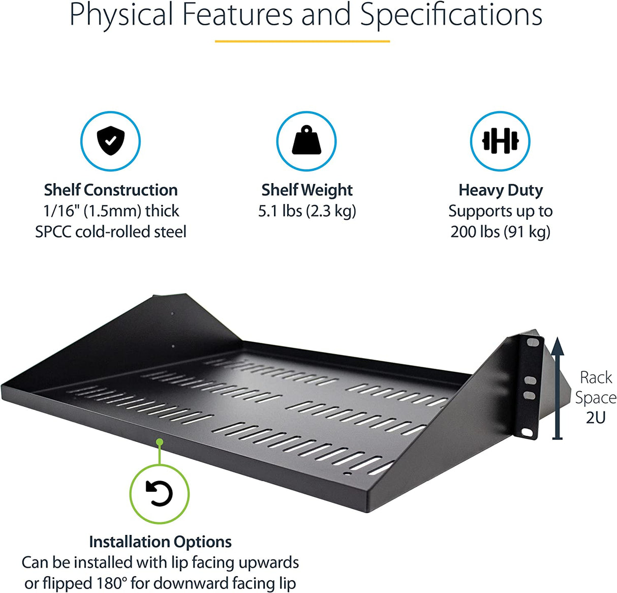 StarTech.com 2U Server Rack Shelf, Center Mounted Universal Vented Rackmount Cantilever Tray for 19" Network Equipment Rack, Heavy Duty Steel, 200lb Capacity, 14" Deep, Black (SHELF-2U-14-CENTER-V) 14" Depth Center