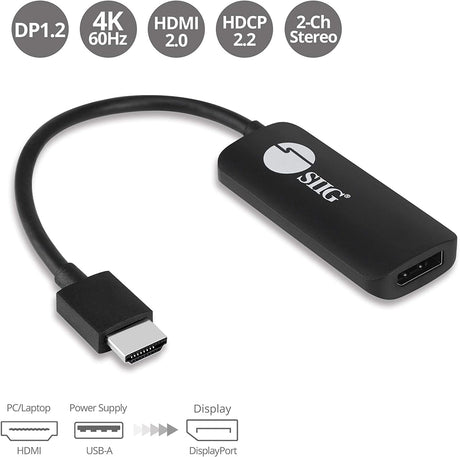 SIIG HDMI to DisplayPort 1.2 4K60Hz Converter Adapter, for HDMI Source to DP Display, 4K60Hz/1080p144Hz, HDR, HDCP 2.2, Stereo Audio, Portable USB-Powered Plug and Play (CB-H21811-S1)