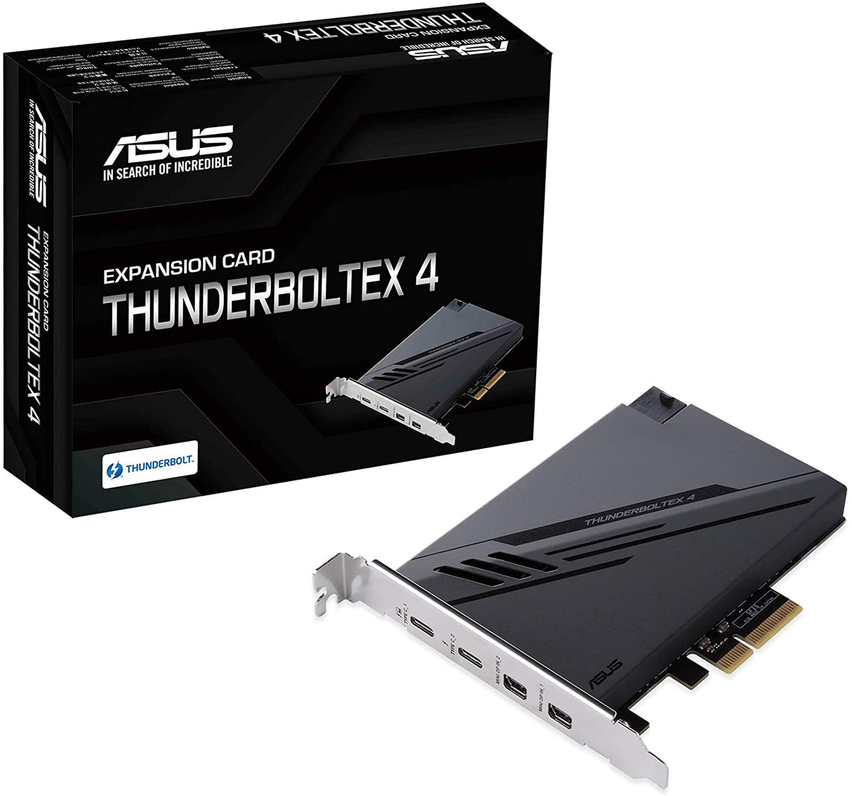 ASUS ThunderboltEX 4 with Intel® Thunderbolt™ 4 JHL 8540 Controller, 2 USB Type-C Ports, up to 40Gb/s bi-Directional Bandwidth, DisplayPort 1.4 Support, up to 100W Quick Charge.