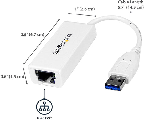 StarTech.com USB 3.0 to Gigabit Ethernet Network Adapter - 10/100/1000 NIC - USB to RJ45 LAN Adapter for PC Laptop or MacBook (USB31000SW),White