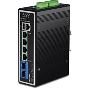 TRENDnet 6-Port Industrial Gigabit L2+ Managed PoE++ DIN Rail Switch, 4 x Gigabit PoE++ Ports, DIN-Rail Mount, 2 x SFP Slots, IP30, VLAN, QoS, LACP, Bandwidth Management, ERPS, Black, TI-BG62i