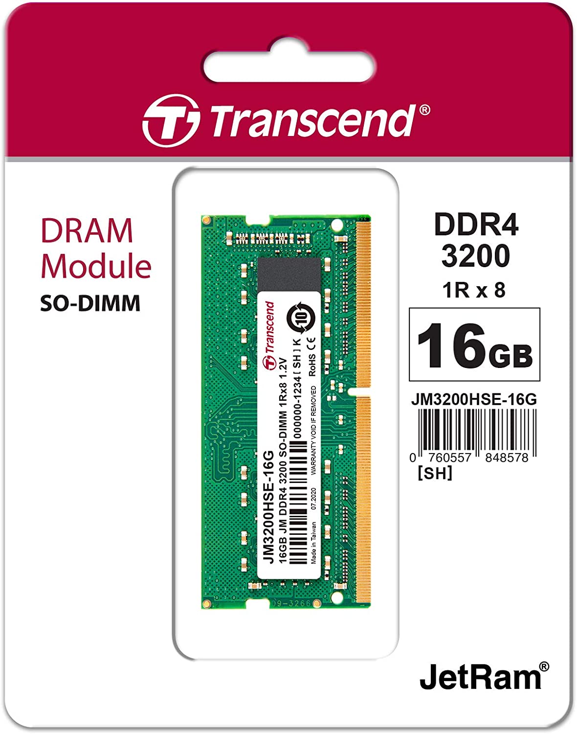 Transcend 16GB JM DDR4 3200Mhz SO-DIMM 1Rx8 2Gx8 CL22 1.2V