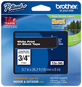 Brother Genuine P-Touch TZE-345 Tape, 3/4" (18 mm) Standard Laminated P-Touch Tape, White on Black, Laminated for Indoor or Outdoor Use, Water-Resistant, 26.2 ft (8 m), Single-Pack White on Black 1 pack Tape