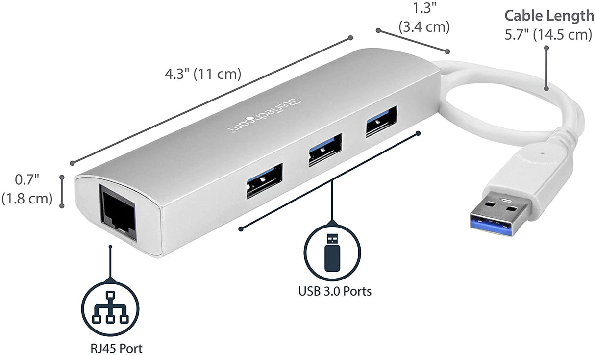 StarTech.com 3-Port USB 3.0 Hub with Gigabit Ethernet - Up to 5Gbps - Portable USB Port Expander with Built-in Cable (ST3300G3UA) Silver w/ 3 USB Ports