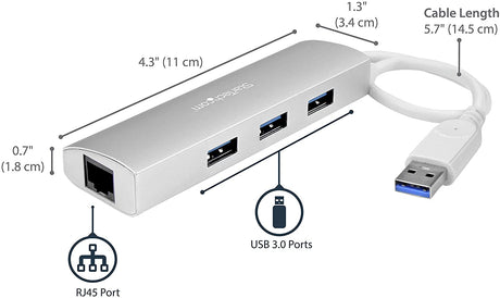 StarTech.com 3-Port USB 3.0 Hub with Gigabit Ethernet - Up to 5Gbps - Portable USB Port Expander with Built-in Cable (ST3300G3UA) Silver w/ 3 USB Ports