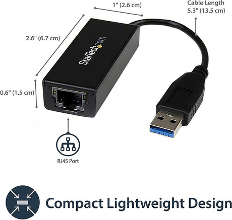 StarTech.com USB 3.0 to Gigabit Ethernet Adapter - 10/100/1000 NIC Network Adapter - USB 3.0 Laptop to RJ45 LAN (USB31000S) Black