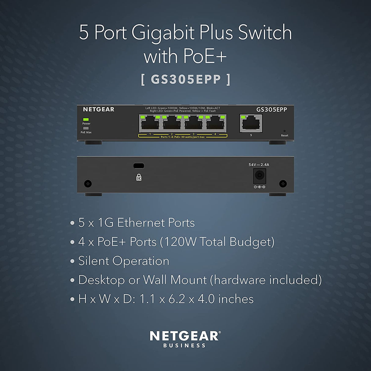 NETGEAR 5 Port PoE Gigabit Ethernet Plus Switch (GS305EPP) - with 4 x PoE+ @ 120W, Desktop or Wall Mount Plus 5 Port | 4xPoE+ 120W