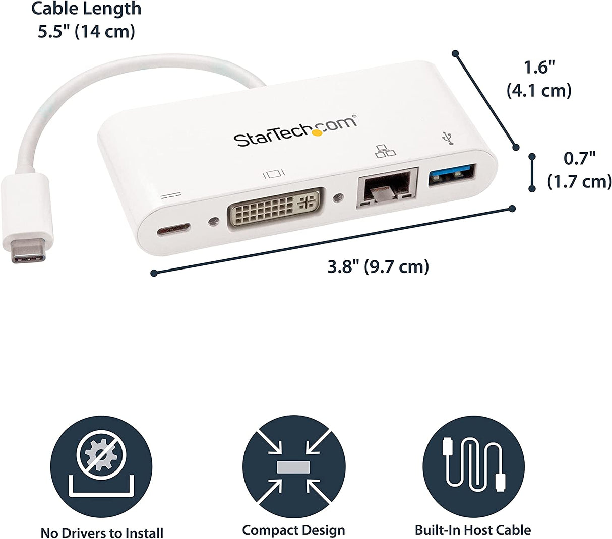 StarTech.com USB C Multiport Adapter - USB-C to DVI-D (Digital) Video Adapter with 60W Power Delivery Passthrough Charging, GbE, USB-A - Portable USB Type-C/Thunderbolt 3 Mini Laptop Dock (DKT30CDVPD) 1x USB-A 3.0 | DVI-D