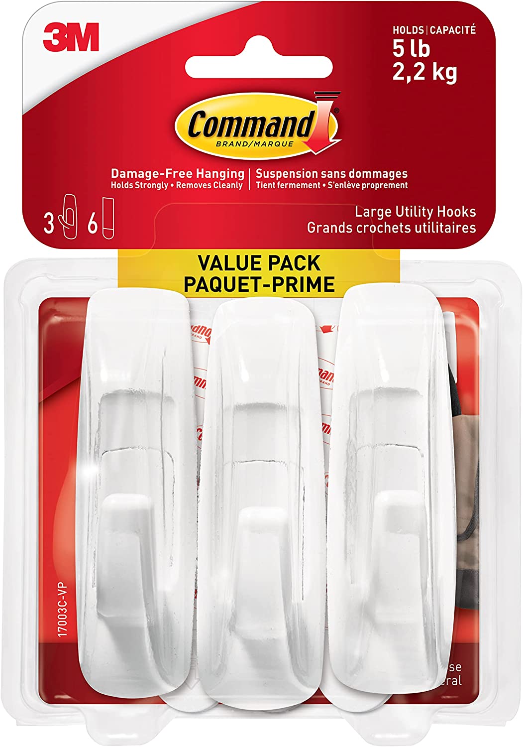 3M Compatible parts Command Large Hook Value Pack, 5 lb Capacity , 3 Hooks 6 Large Strips, (17003C-VP)