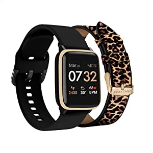 iTouch Kendall + Kylie Smartwatch iPhone and Android Compatible, Pedometer, Walking and Running Tracker for Women and Men (Gold Case and Black/Leopard Print Interchangeable Straps) Gold Case - Black/Leopard Print Straps