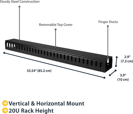 StarTech.com 3ft (1m) Vertical Cable Management Duct with Cover - 0U Open Slot Finger Duct Wire Raceway for 19 Inch Server Rack - Slotted Cord Channel (CMVER20UF)