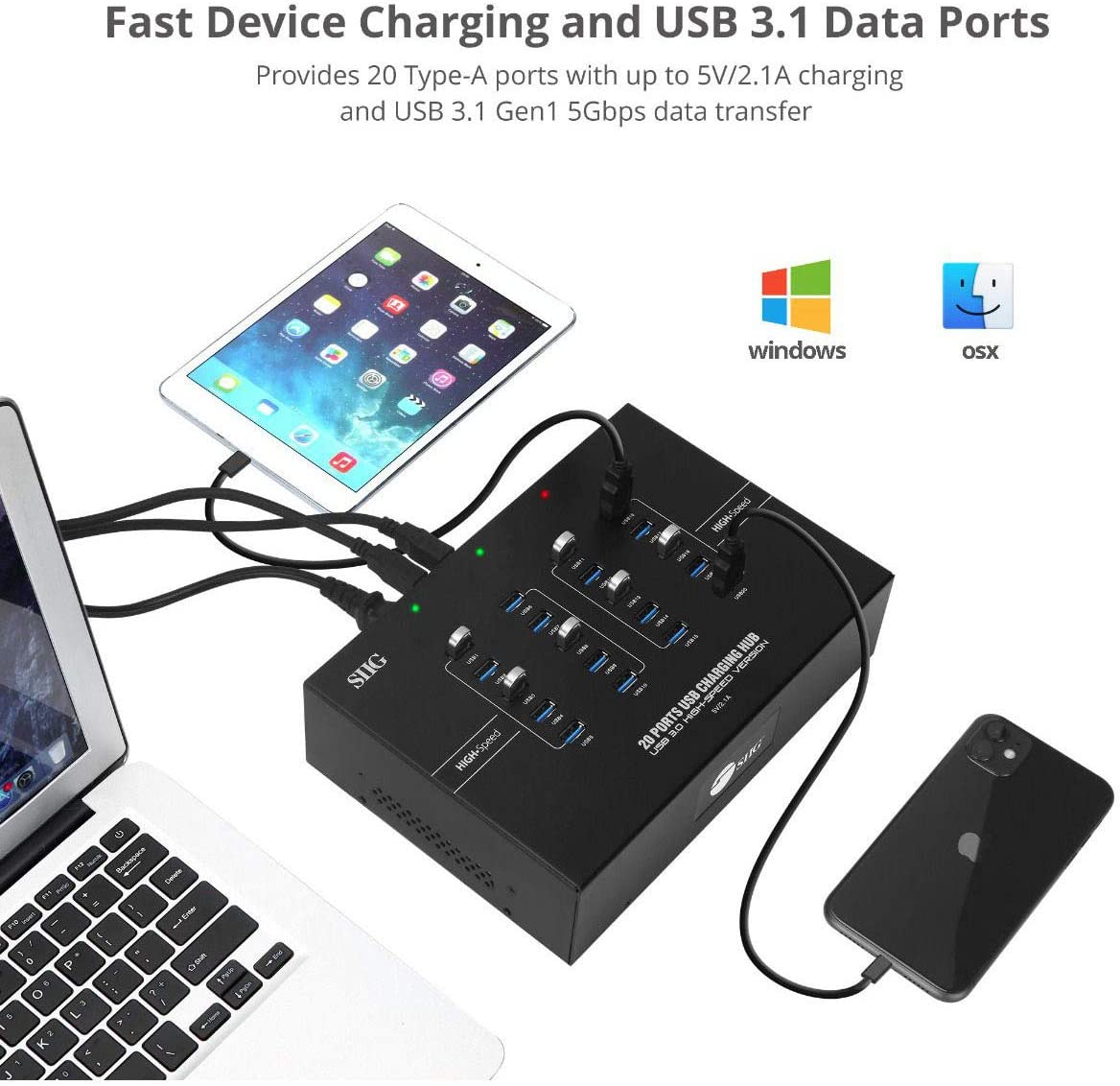 SIIG 20-Port Industrial USB 3.0 Hub with Charging and High Speed Data Transfer Sync (5Gbps) - Includes Sturdy Metal Casing and Cooling Fan (ID-US0611-S1)