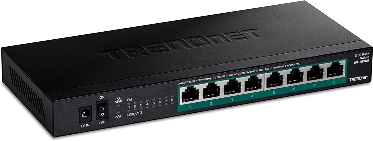 TRENDnet 8-Port Unmanaged 2.5G PoE+ Switch, Fanless, Compact Desktop Design, Metal Housing, 2.5GBASE-T Ports, IEEE 802.3bz, 100W PoE Budget, Black, TPE-TG380