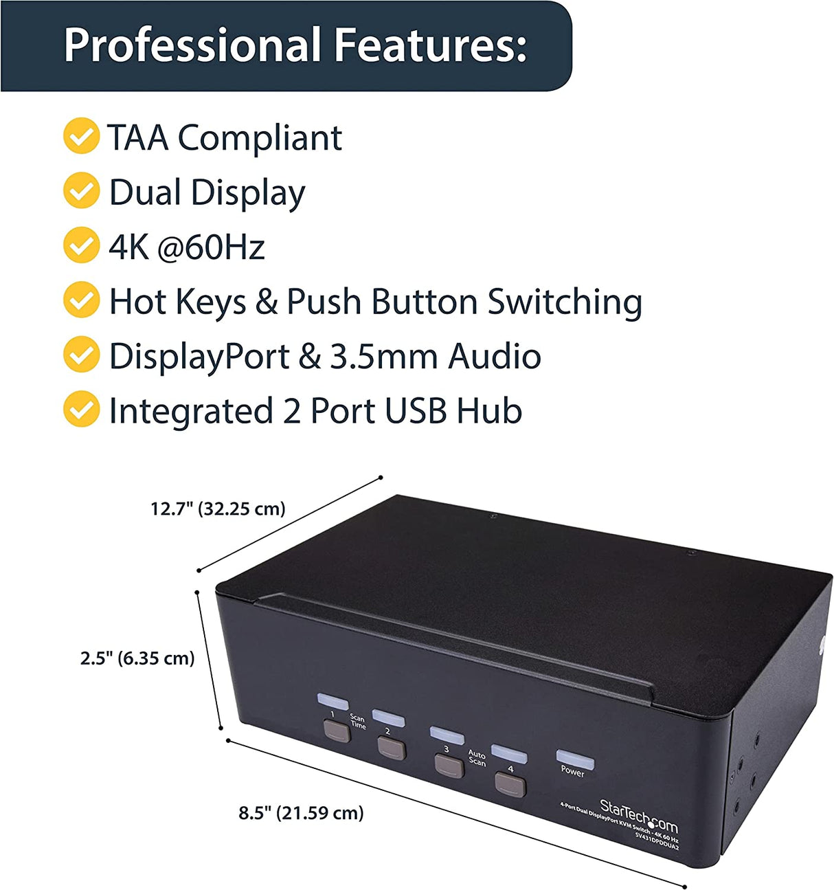 StarTech.com DisplayPort KVM - 4 Port - 4K 60Hz - Dual Monitor KVM - DisplayPort Switch - KVM DisplayPort - Desktop KVM Switch (SV431DPDDUA2)