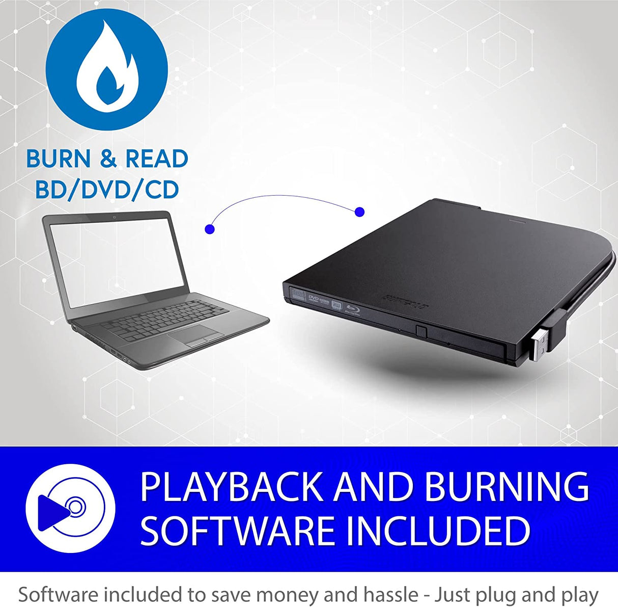 BUFFALO Portable Blu-ray Drive/External, Plays and Burns Blu-Rays, DVDs, and CDs with USB Connection. Compatible with Laptop, Desktop PC and Mac.