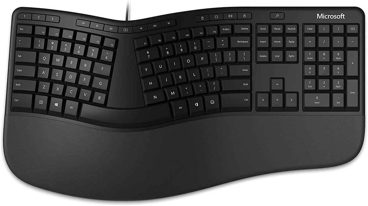 Microsoft Ergonomic Keyboard - Black. Wired, Comfortable, Ergonomic Keyboard with Cushioned Wrist and Palm Support. Split Keyboard. Dedicated Office Key.