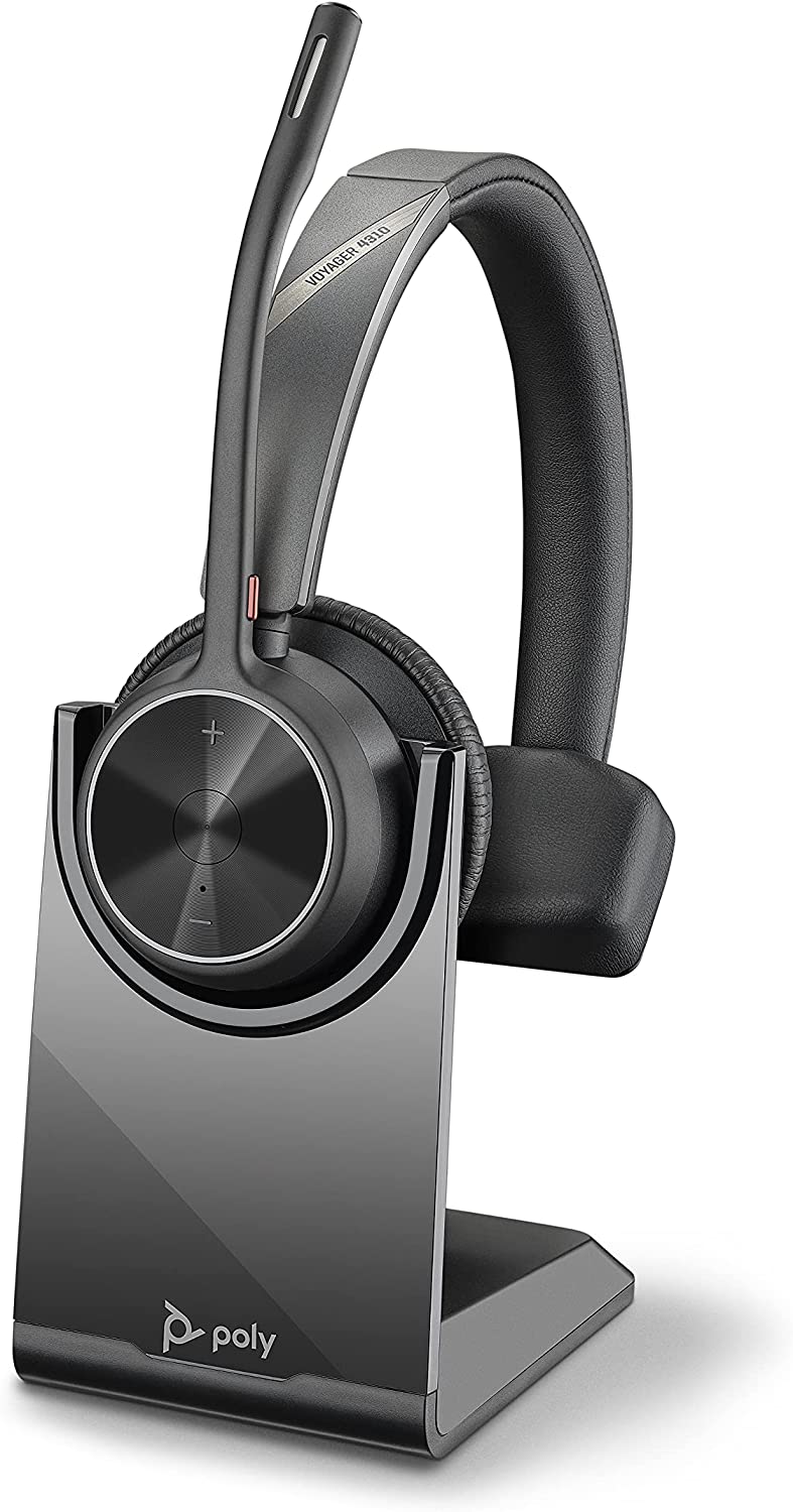 Poly (Plantronics + Polycom) Voyager 4310 UC Wireless Headset Charge Stand (Plantronics) - Single-Ear w/Mic Connect to PC/Mac via USB-A Bluetooth Adapter, Works with Teams, Zoom &amp;More, Black Headset + Charge Stand