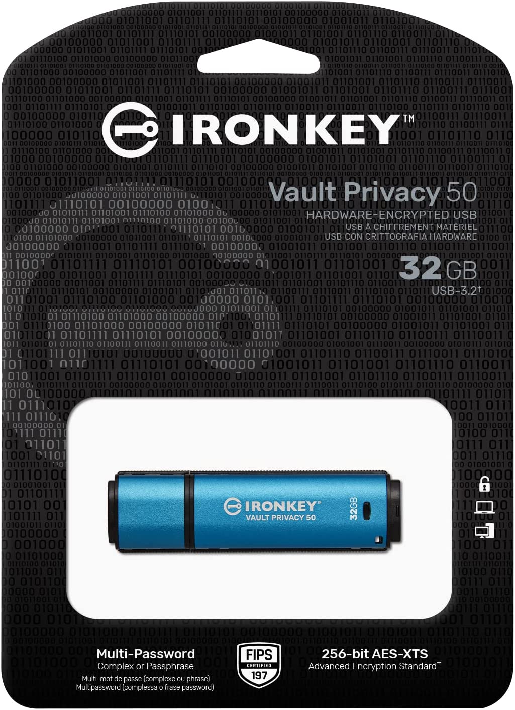 Kingston IronKey Vault Privacy 50 32GB Encrypted USB | FIPS 197 | AES-256bit | BadUSB Attack Protection | Multi-Password Options | IKVP50/32GB