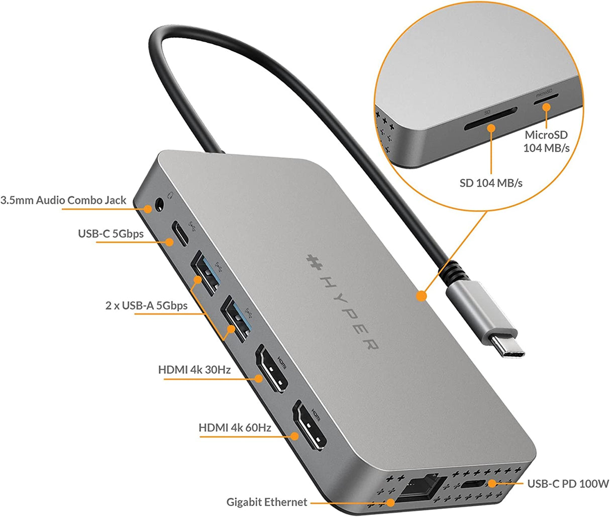 HyperDrive Dual 4K HDMI 10 in 1 USB C hub for MacBook, Windows Laptop, Chromebooks with Type C Ports. Supports 2 Extended Monitors on M1 MacBooks Using HyperDisplay DUAL 4K HDMI 10 in 1 Grey