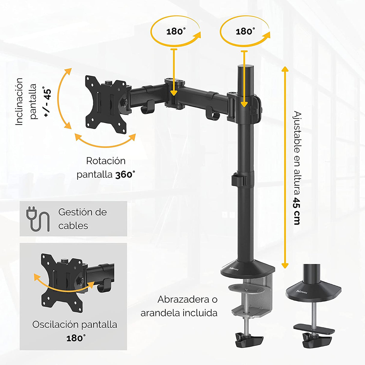 Fellowes Reflex Adjustable Single Monitor Arm, Black, VESA Bracket, Clamp or Grommet Mount, Holds Monitor up to 30” / 24 lbs.