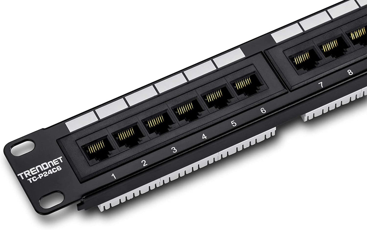 TRENDnet 24-Port Cat6 Unshielded Patch Panel, Wallmount or Rackmount, Compatible with Cat3,4,5,5e,6 Cabling, For Ethernet, Fast Ethernet, Gigabit Applications, Black, TC-P24C6