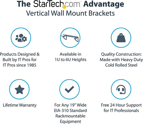 StarTech.com 2U Vertical Wall Mount Patch Panel Bracket - Steel Rack Mount Bracket w/Hardware for 19" Network, Server and Data Equipment (RK219WALLV) 2U Bracket