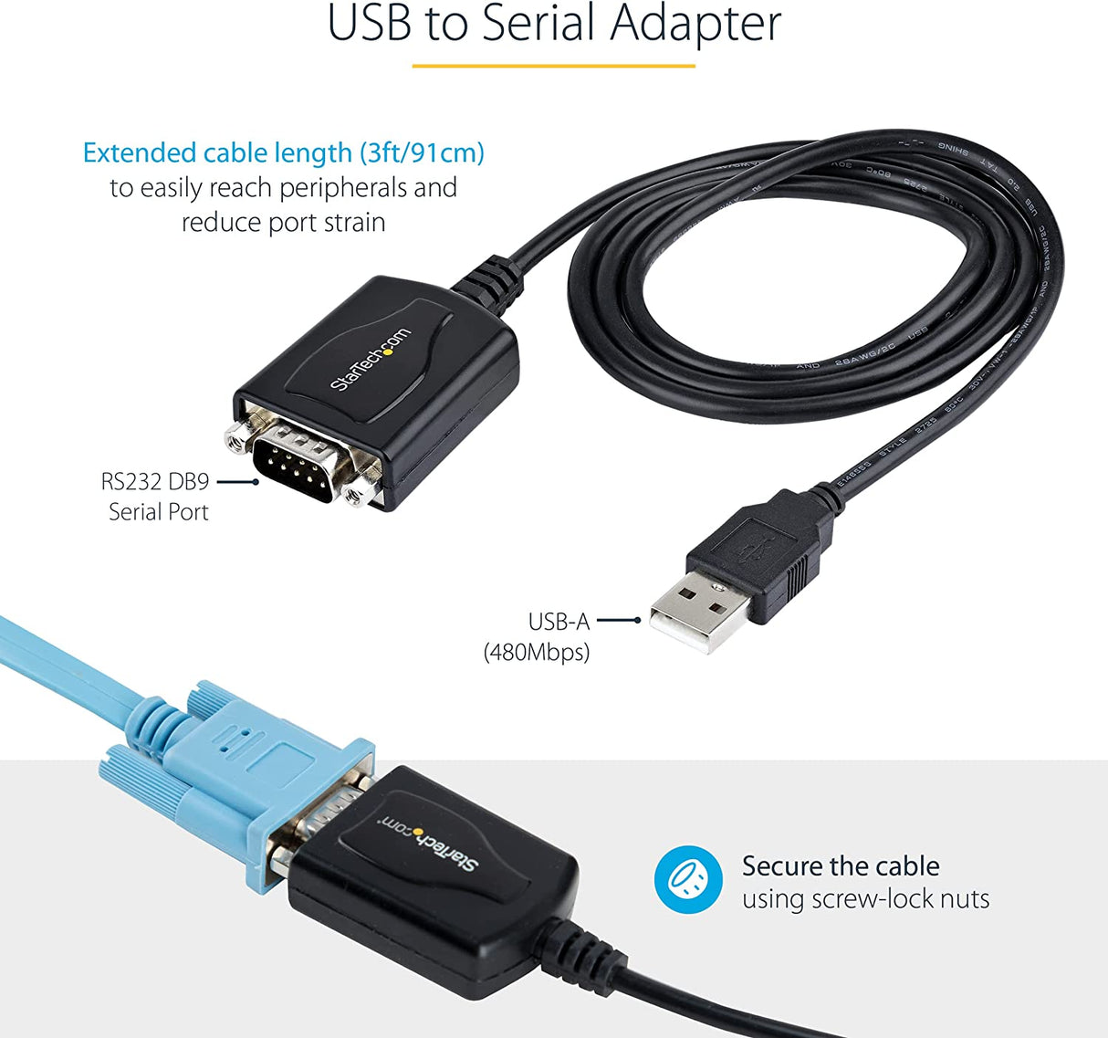 StarTech.com 3ft (1m) USB to Serial Cable with COM Port Retention, DB9 Male RS232 to USB Converter, USB to Serial Adapter for PLC/Printer/Scanner, Prolific Chipset, Windows/Mac (1P3FPC-USB-SERIAL)