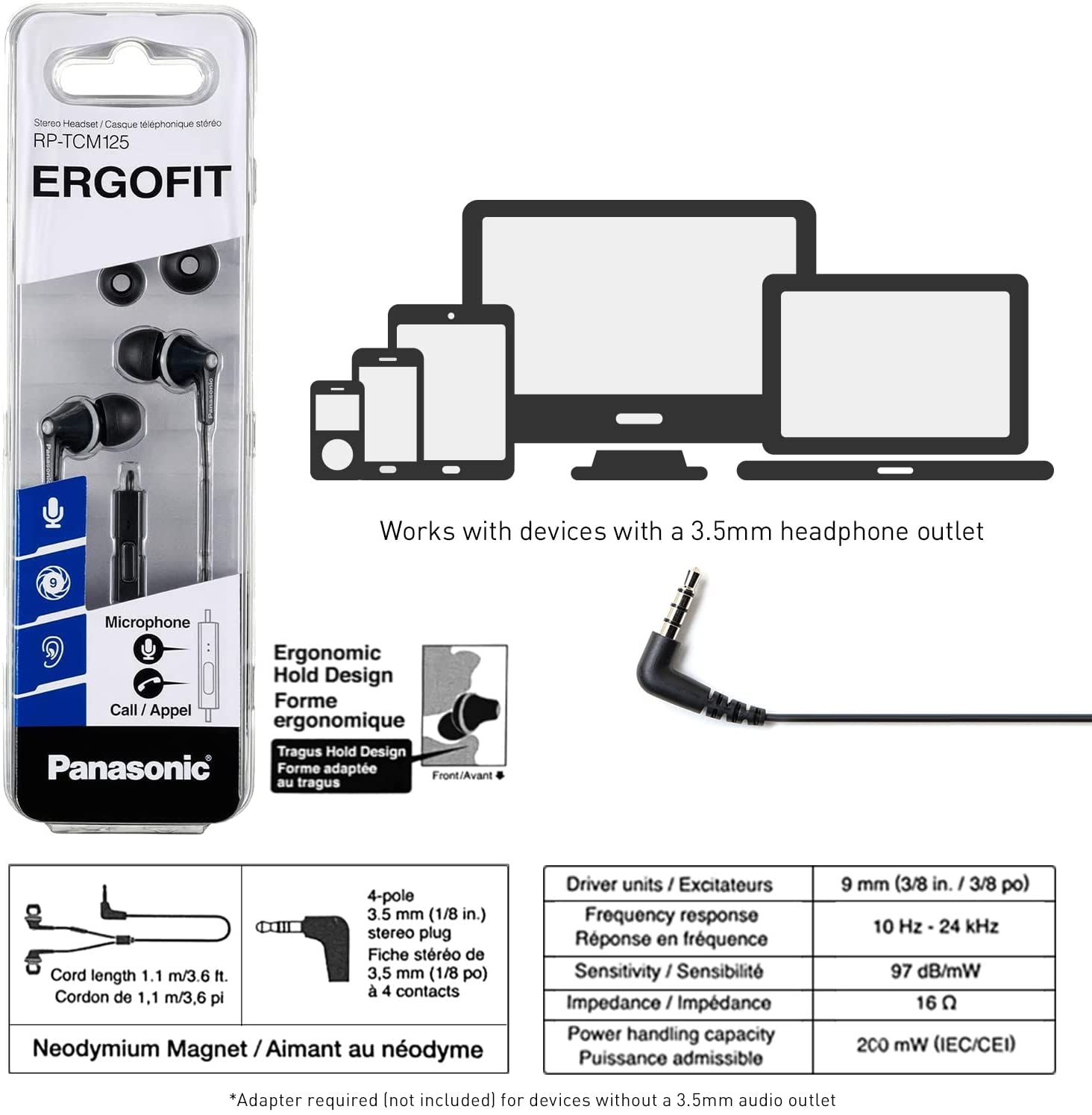 Panasonic ErgoFit Wired Earbuds, In-Ear Headphones with Microphone