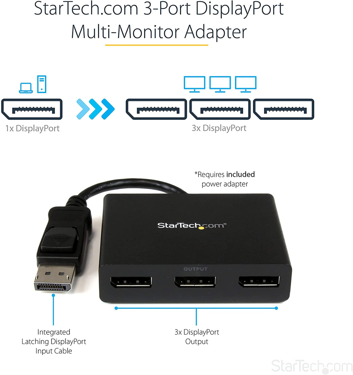 StarTech.com 3-Port Multi Monitor Adapter - DisplayPort 1.2 MST Hub - Dual 4K 30Hz &amp; 1x 1080p - Video Splitter for Extended Desktop Mode on Windows PCs Only - DP to 3x DP Monitors (MSTDP123DP) DisplayPort 1.2 to 3x DisplayPort
