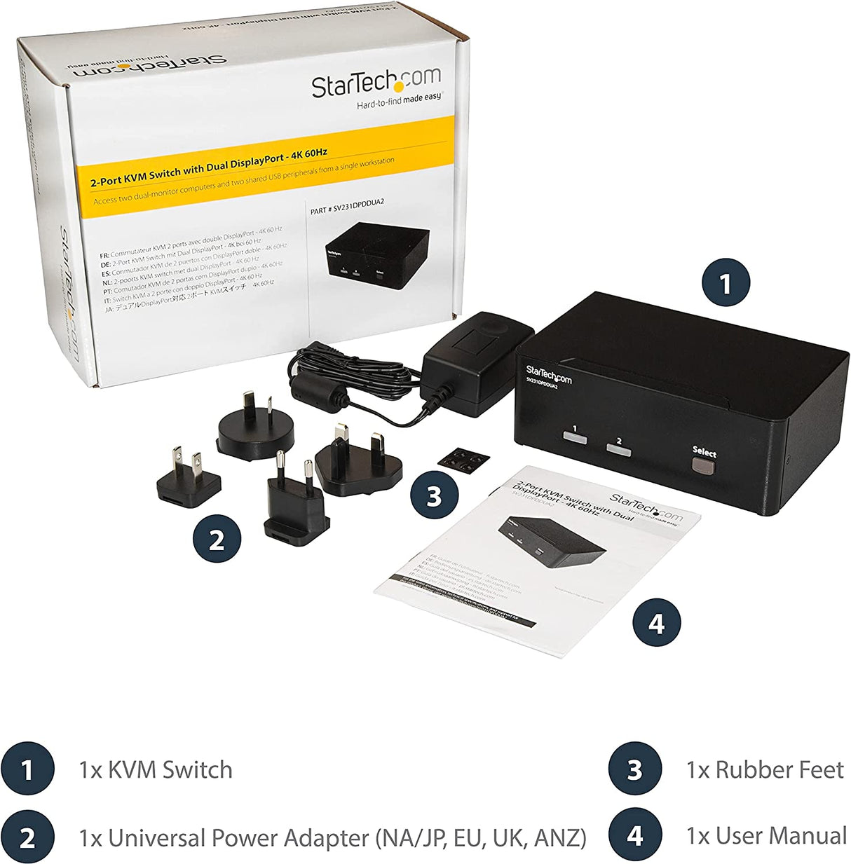 StarTech.com 2-Port DisplayPort KVM Switch - Dual-Monitor - 4K 60 - with Audio &amp; USB Peripheral Support - DP 1.2 - USB Hub (SV231DPDDUA2) 2 Port Display Port