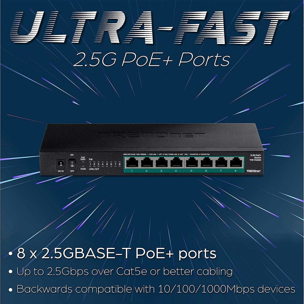 TRENDnet 8-Port Unmanaged 2.5G PoE+ Switch, Fanless, Compact Desktop Design, Metal Housing, 2.5GBASE-T Ports, IEEE 802.3bz, 100W PoE Budget, Black, TPE-TG380