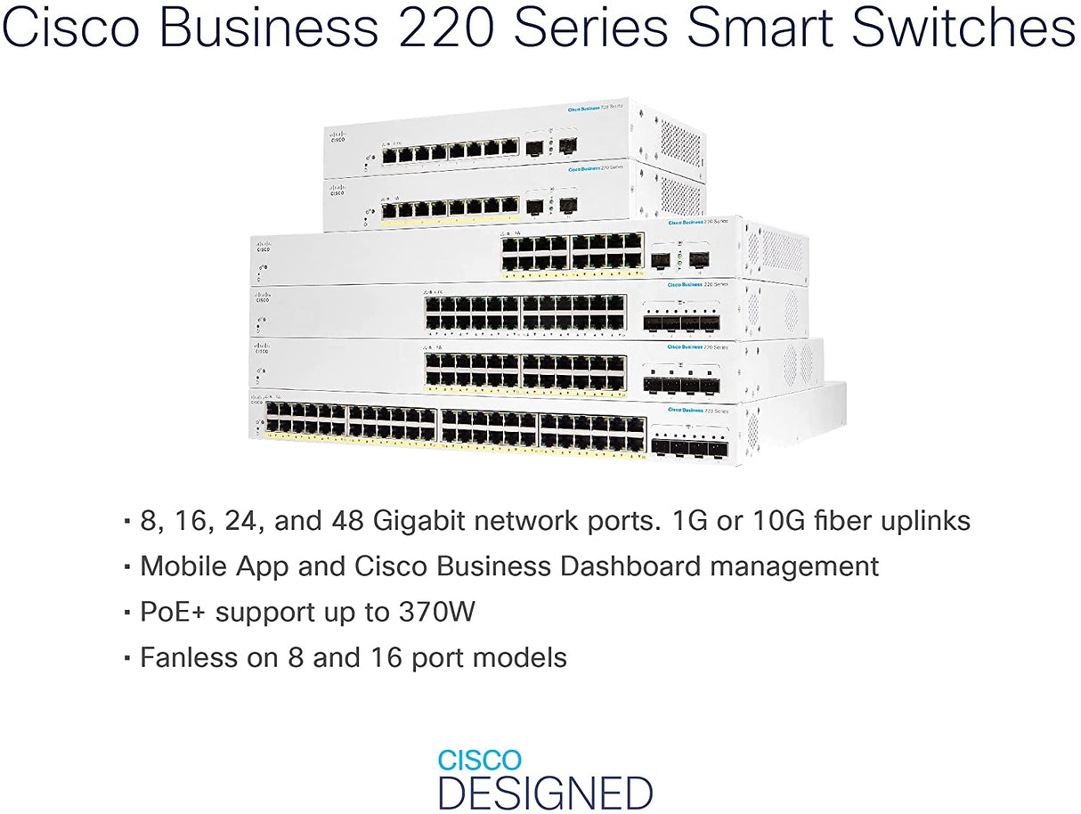 CISCO DESIGNED CBS220-8T-E-2G Smart Switch | 8 Port GE | 2x1G Small Form-Factor Pluggable (SFP) | 3-Year Limited Hardware Warranty (CBS220-8T-E-2G-NA) 8-port GE / 2 x GE Uplinks / External Power Supply